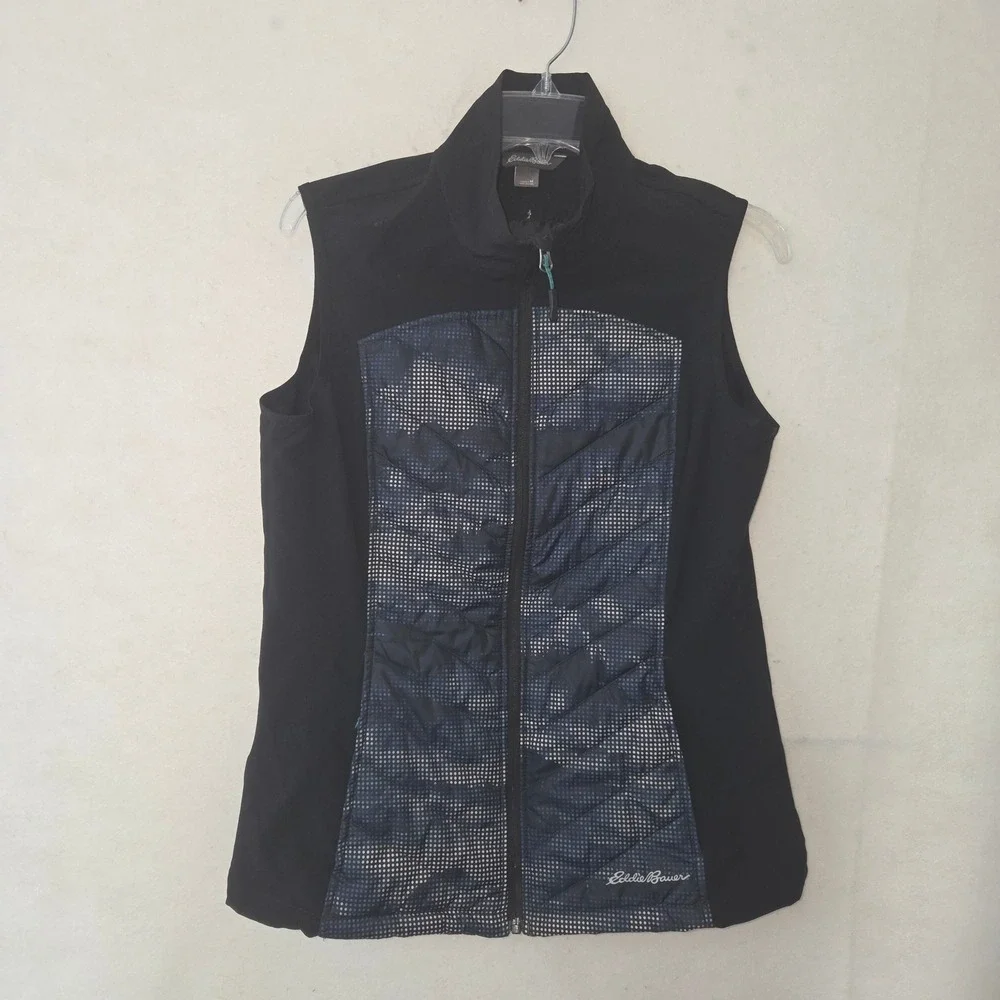 Eddie Bauer Puffer Vest Womens Medium Black Blue Digital Camo Hybrid Quilted Zip